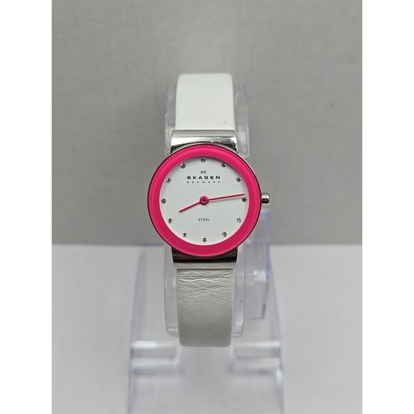 Skagen Denmark Pink Bezel Watch White Strap Crystals Quartz New Battery Womens - Picture 1 of 12